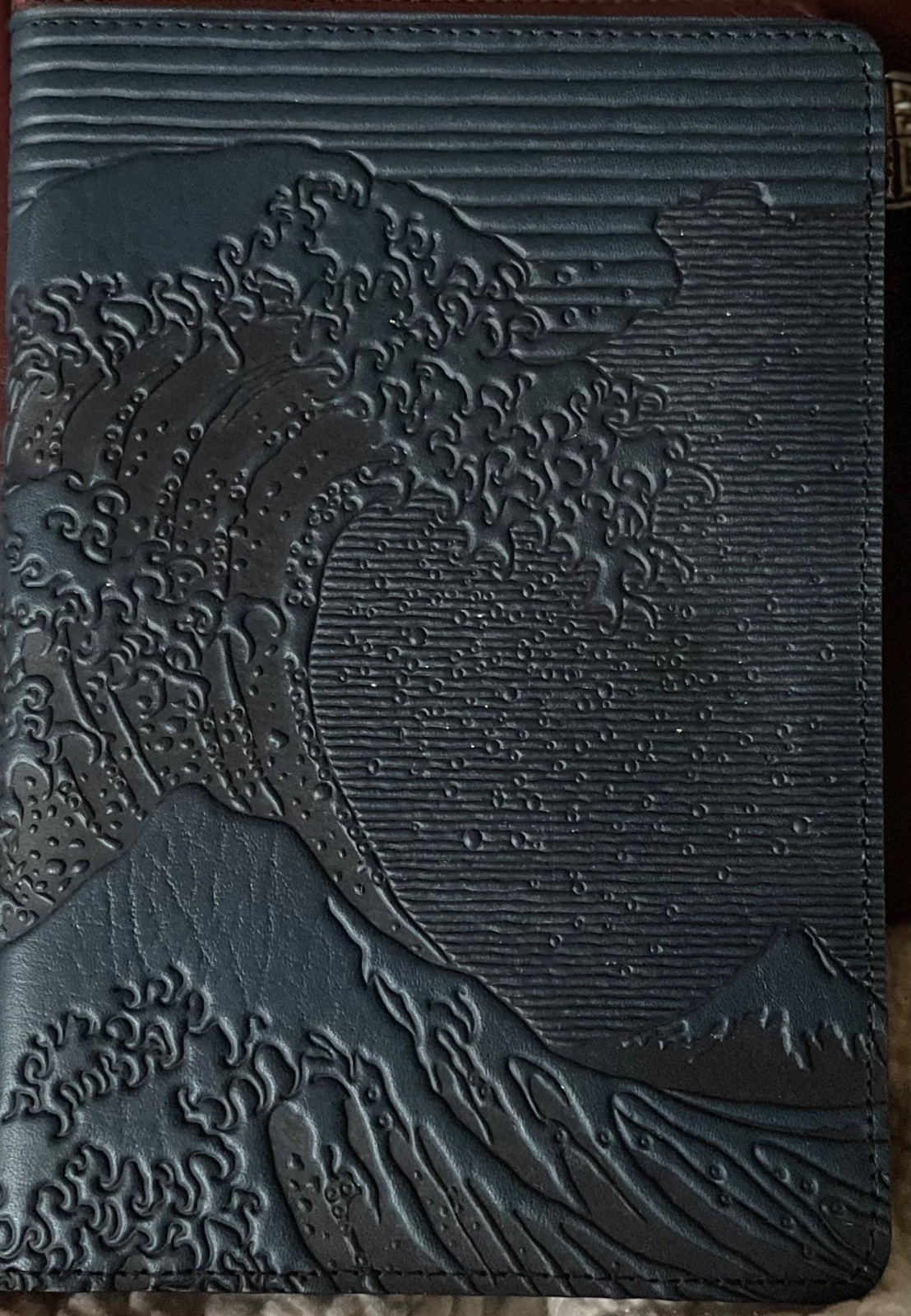 Oberon Design Leather Small Portfolio Cover Hokusai Wave in Navy
