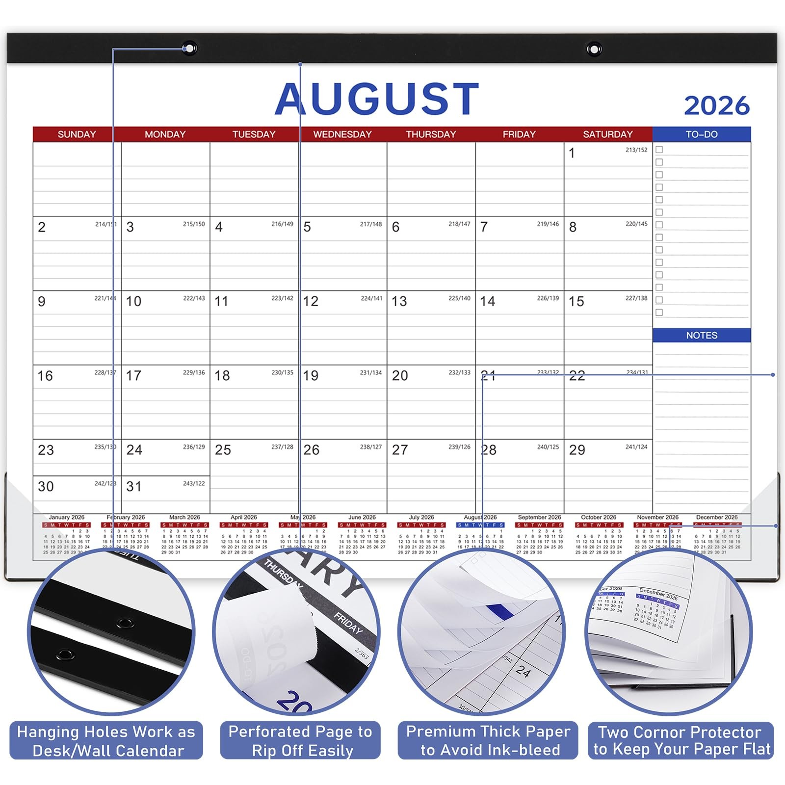 Desk Calendar 2026-2027 – 17″ x 12″, Black, Grey, Blue, Purple, Red
