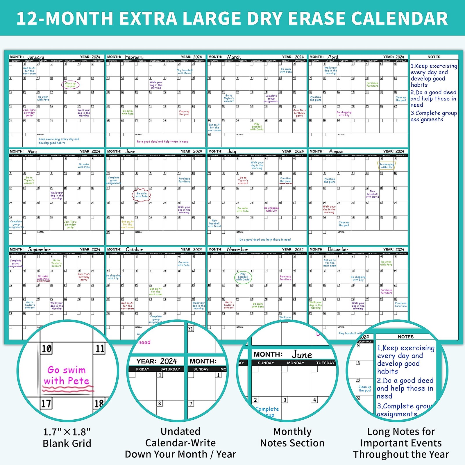 Large Dry Erase Calendar for Wall – Undated 12 Month Wall Calendar, 37”