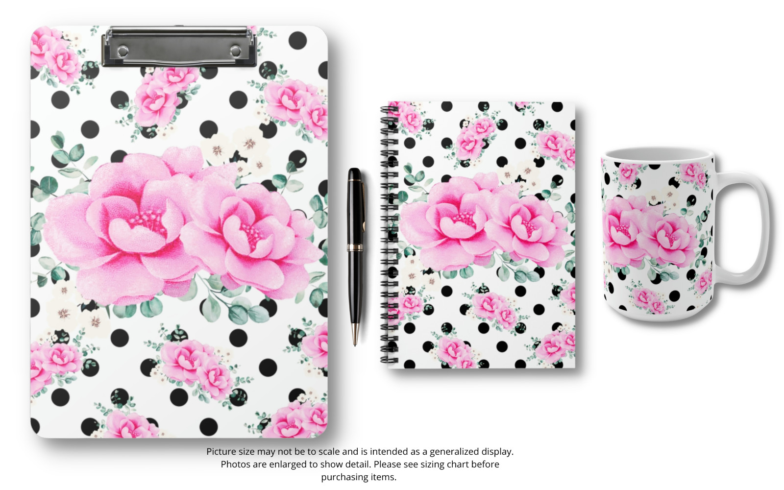 Small Spiral Notebook-Magenta Pink Floral-Black Polka Dots-White