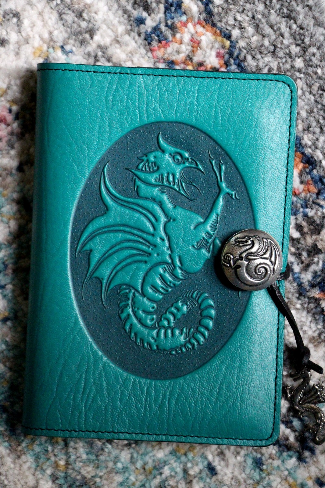 Oberon Design Leather Small Journal Cover DRAGON-COCKATRICE in TEAL