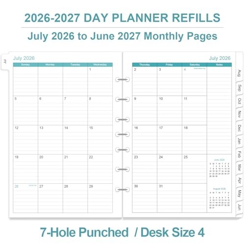 2026-2027 Daily Monthly Planner Refills 1 Page Per Day 7-Hole Punched