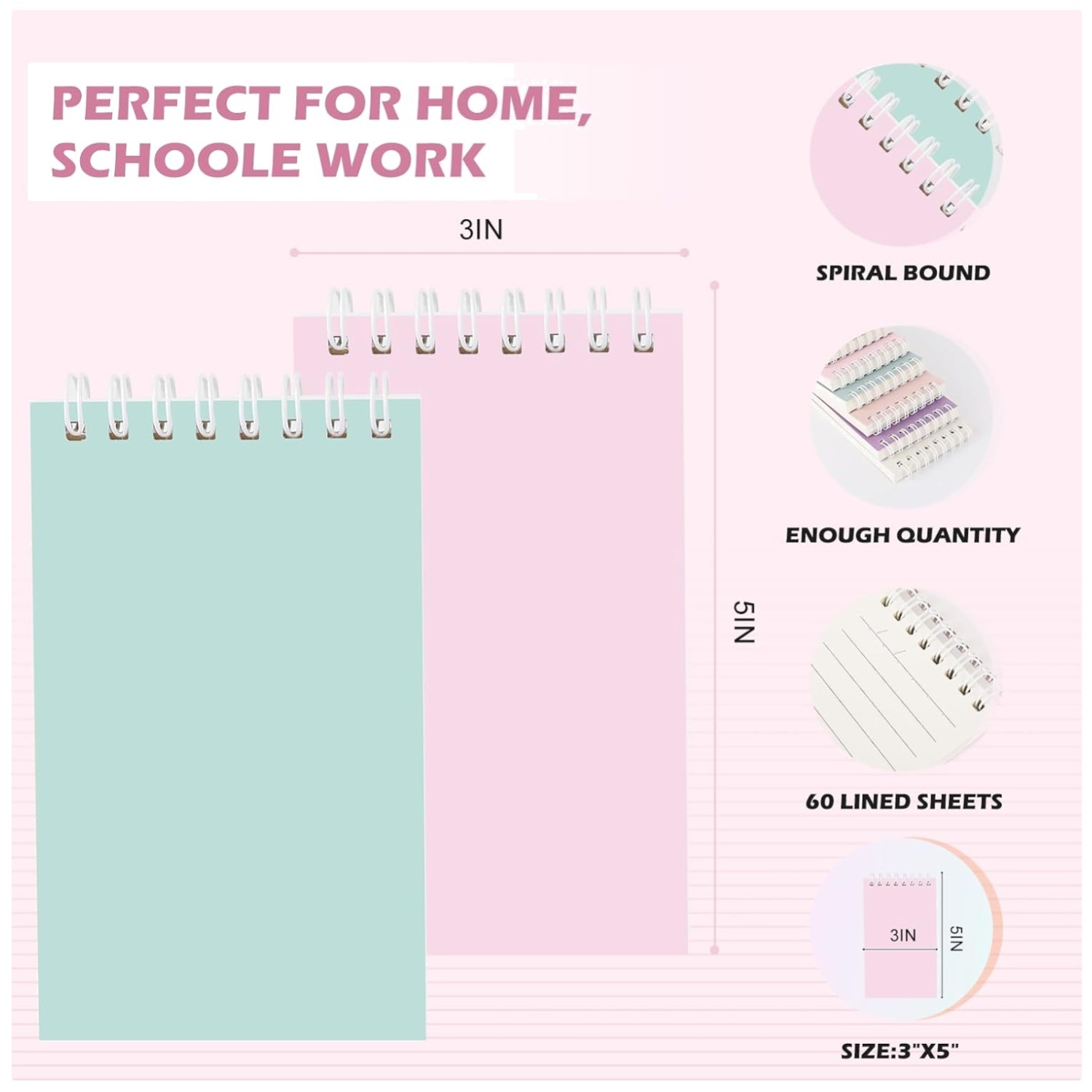 Compact Spiral Notebooks, Lined Pages, 3×5, 8 Colors