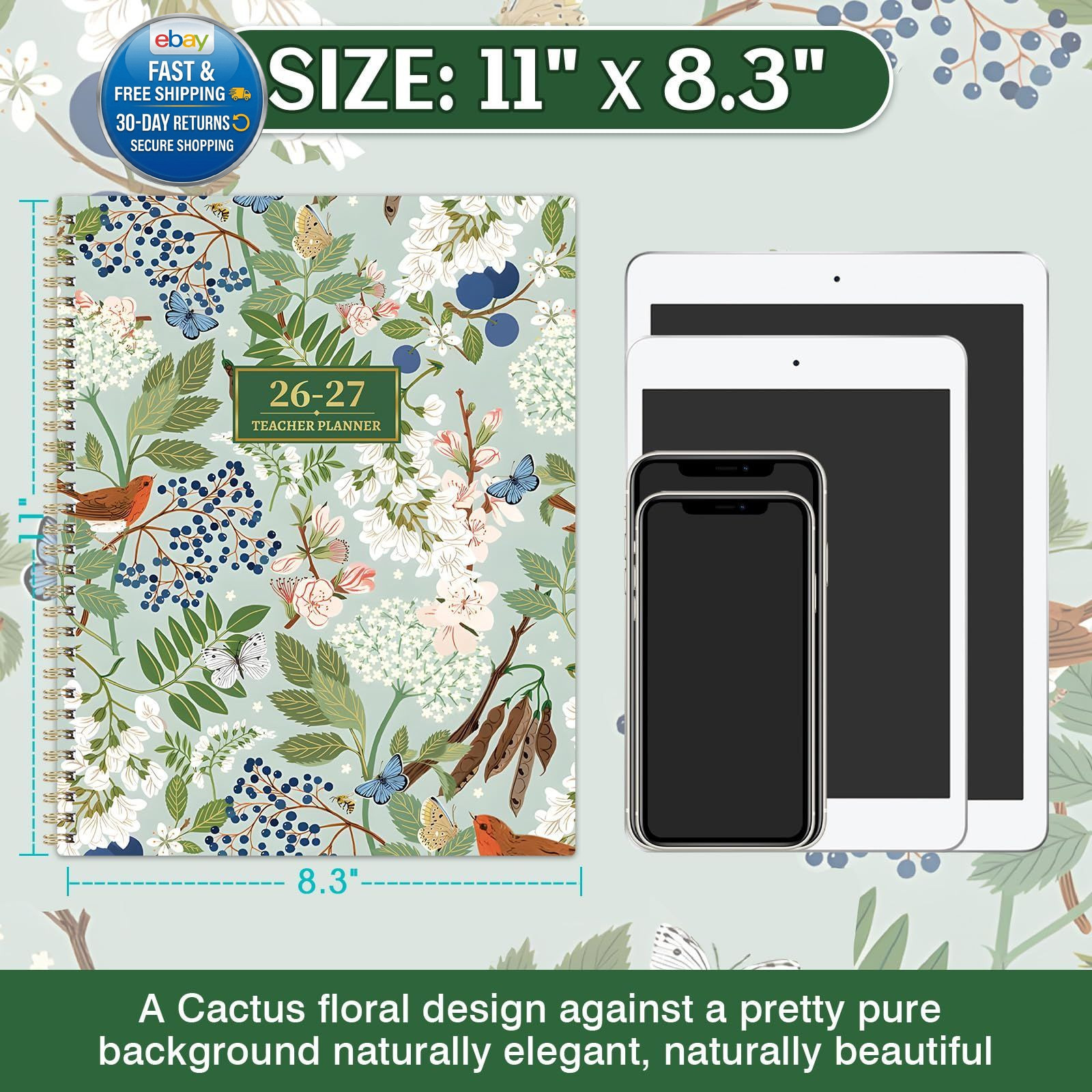 Teacher Planner 2026-2027 – Lesson 9″x11″, Green & Floral