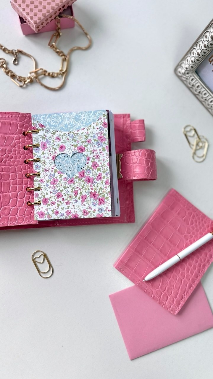 Owl Leather Mini Planner Set – Pocket Size A7 binder 6 rings– pink Croc Embossed