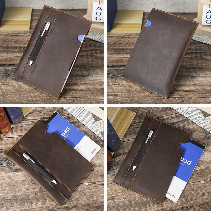 A5 Leather Notebook Cover With Pen Holder Crazy Horse Journal Sleeve Handmade