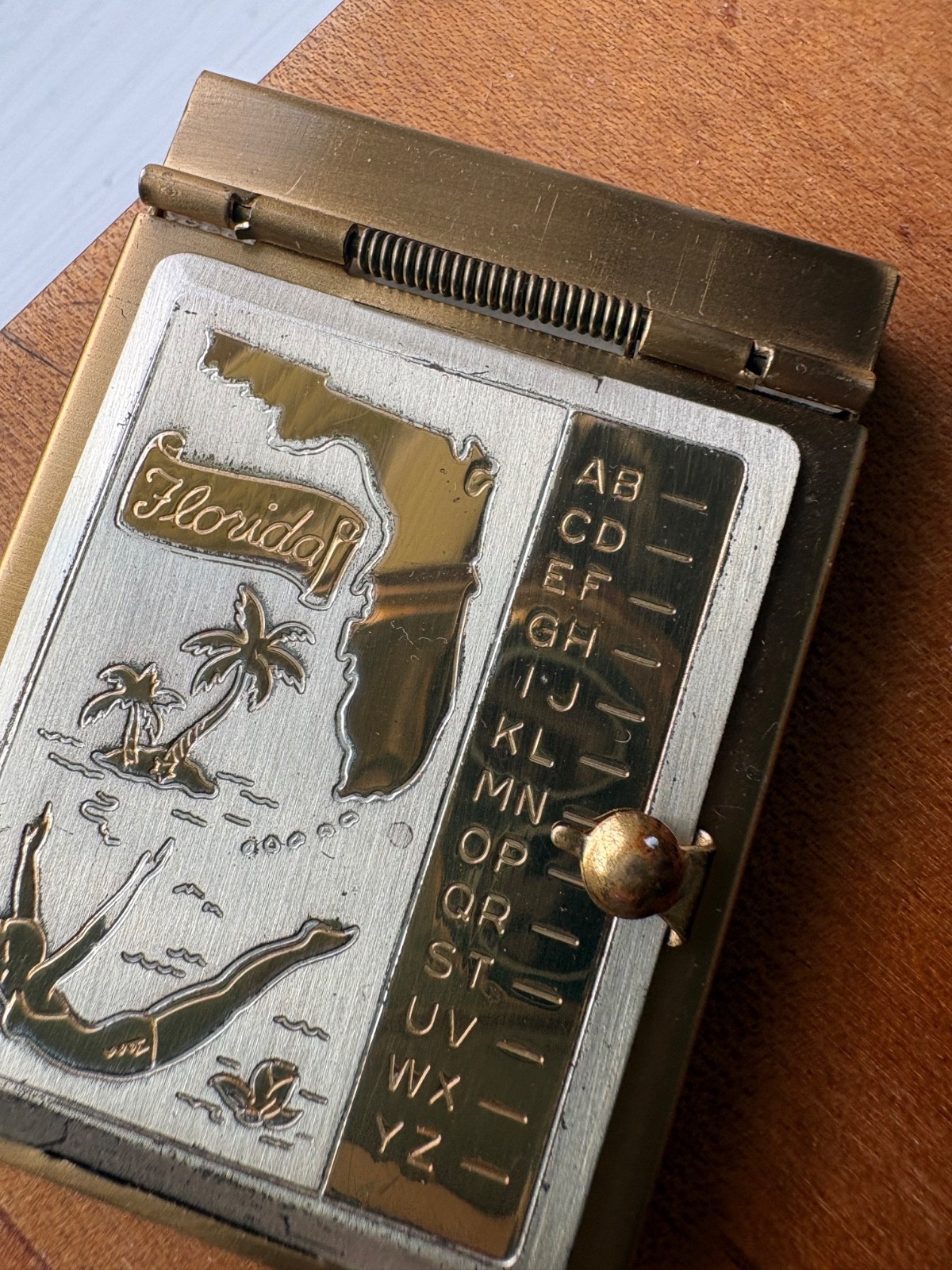 Vintage Miniature Brass Address Book Rolodex Sliding Tab Names Florida 1950s