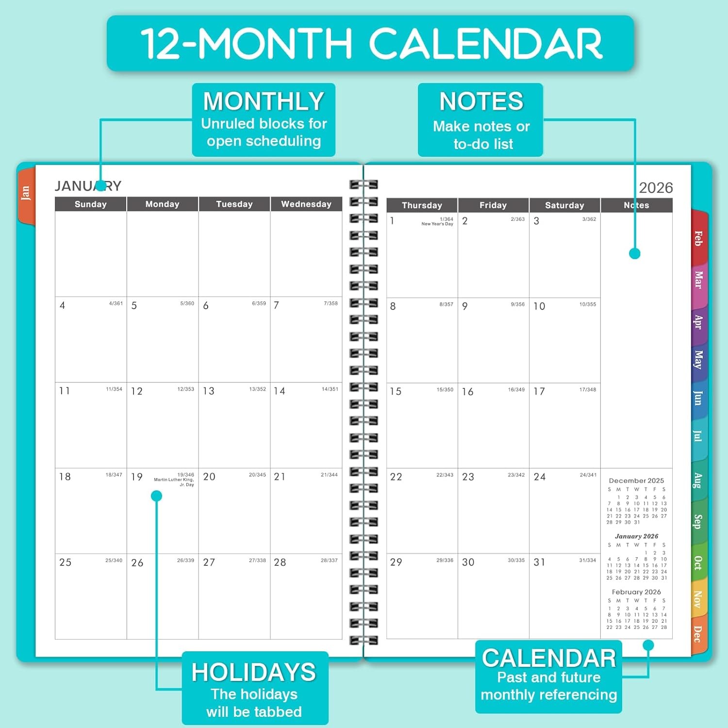 2026 Weekly Appointment Planner Book Jan-Dec 6.4″x8.5″ Tabs 30-Min IntervalsTeal