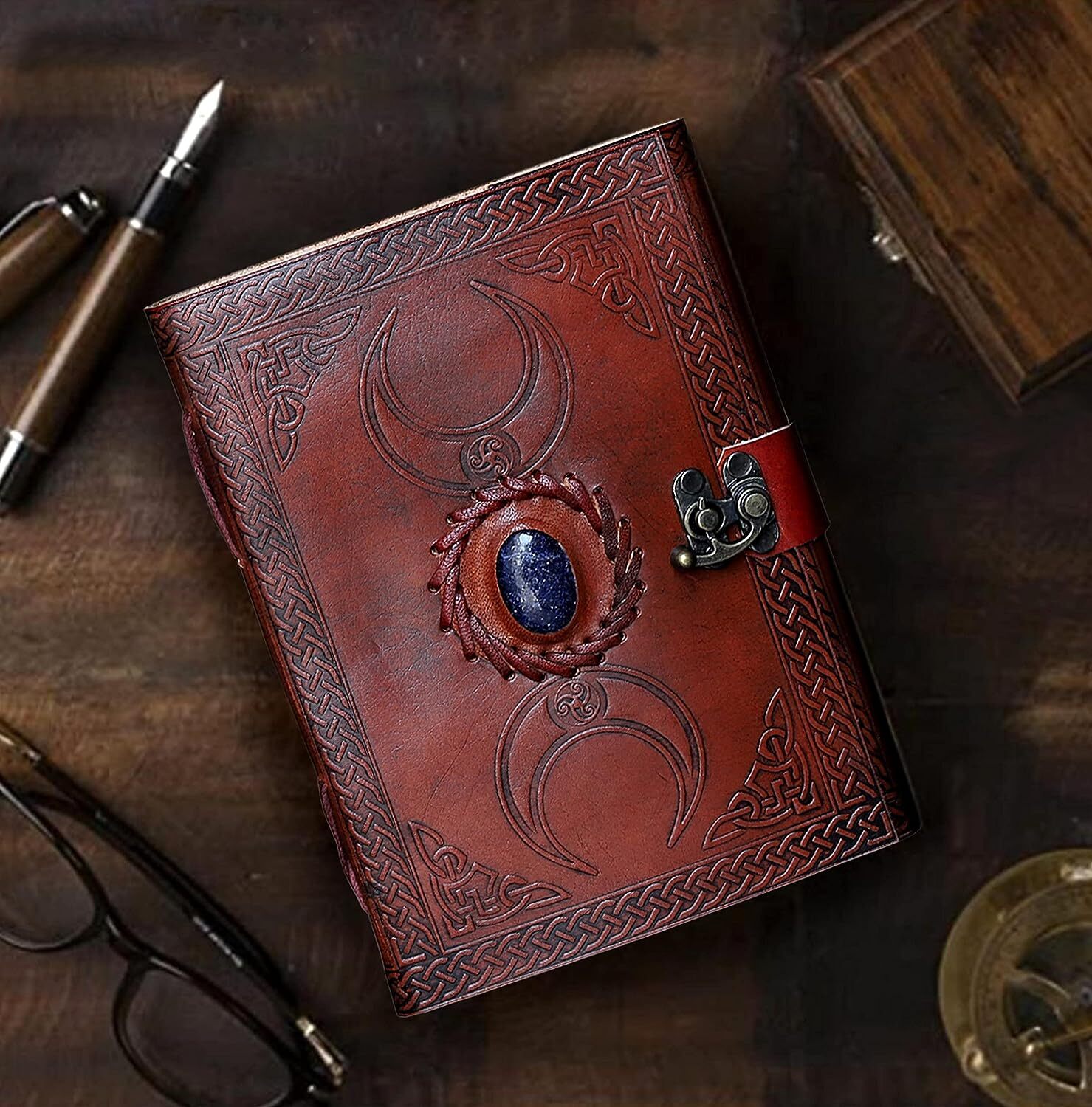 3 Moon Blue Lapiz Embossed Vintage Leather Journal | 240 Deckle Edge Paper