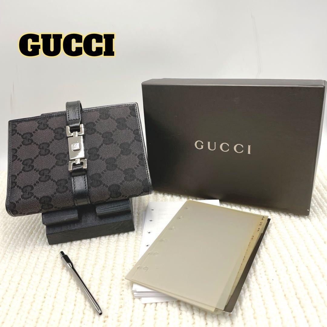 GUCCI Jackie Agenda Planner Notebook Cover GG Canvas Black Silver 6 Ring Japan