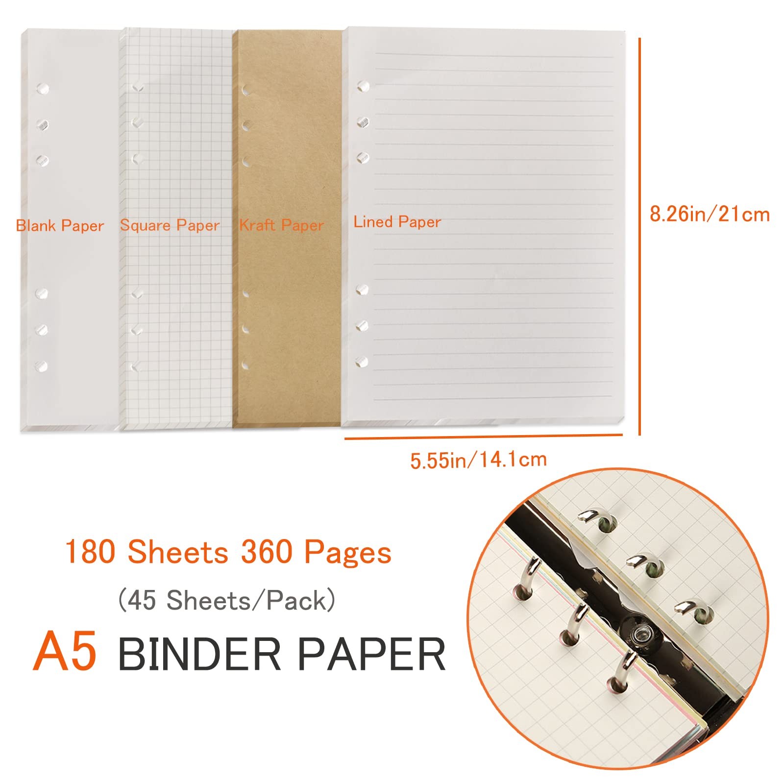 DY.2ten A5 6-Hole Binder Notebook Refills Set -(Gridded Paper A5, Clear