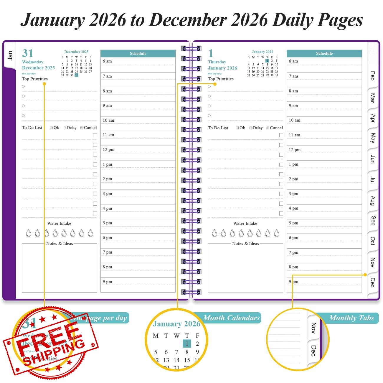 Yaridar 2026 Daily Planner 6.4″x8.5″ Purple