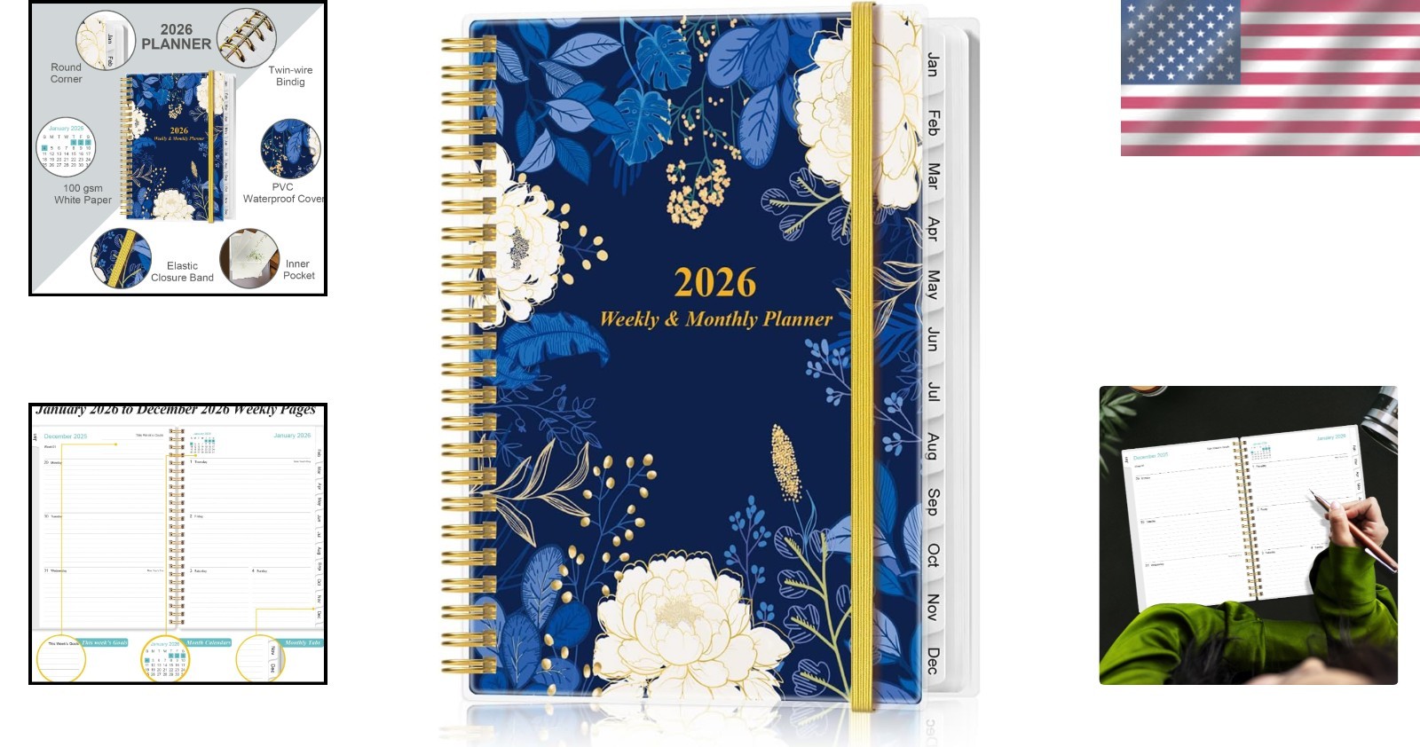 Elegant 2026 Weekly & Monthly Planner, Spiral Bound 6.4×8.5, Blue-Lef-Flower