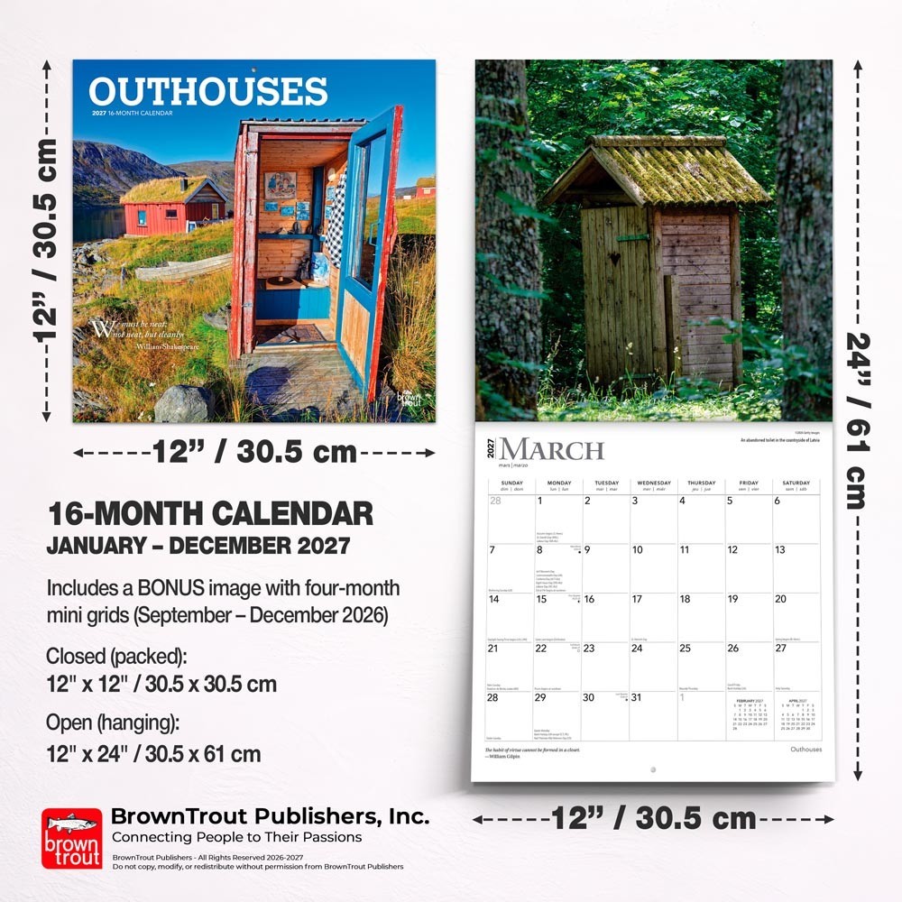 Outhouses | 2027 12×24″ (Hanging) Monthly Square Wall Calendar | Plastic-Free
