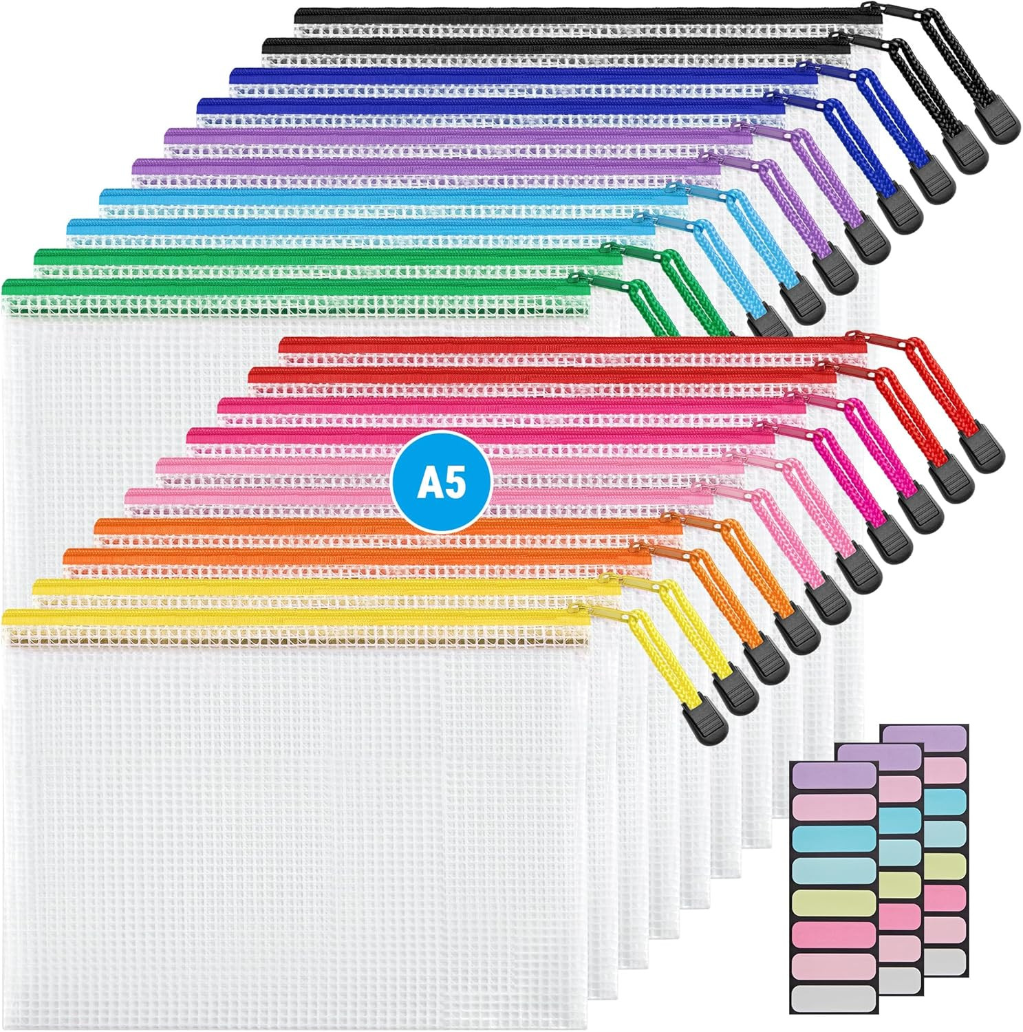20 Pack 10 Colors Zipper Mesh Document Pouch, 6X9 Inch/A5, Plastic Water-Resista