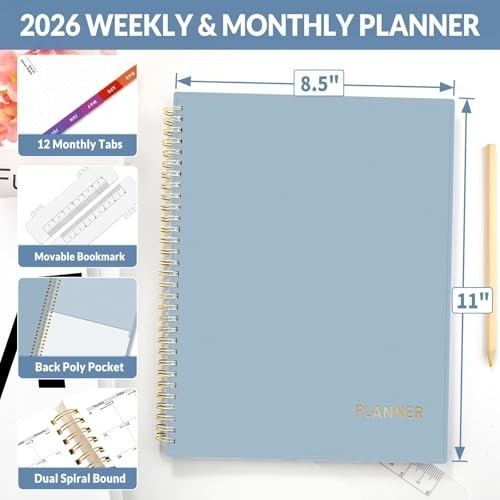 2026 Weekly & Monthly Planner – Daily Agenda, Flexible Cover, Tabs, Pockets, 8.5