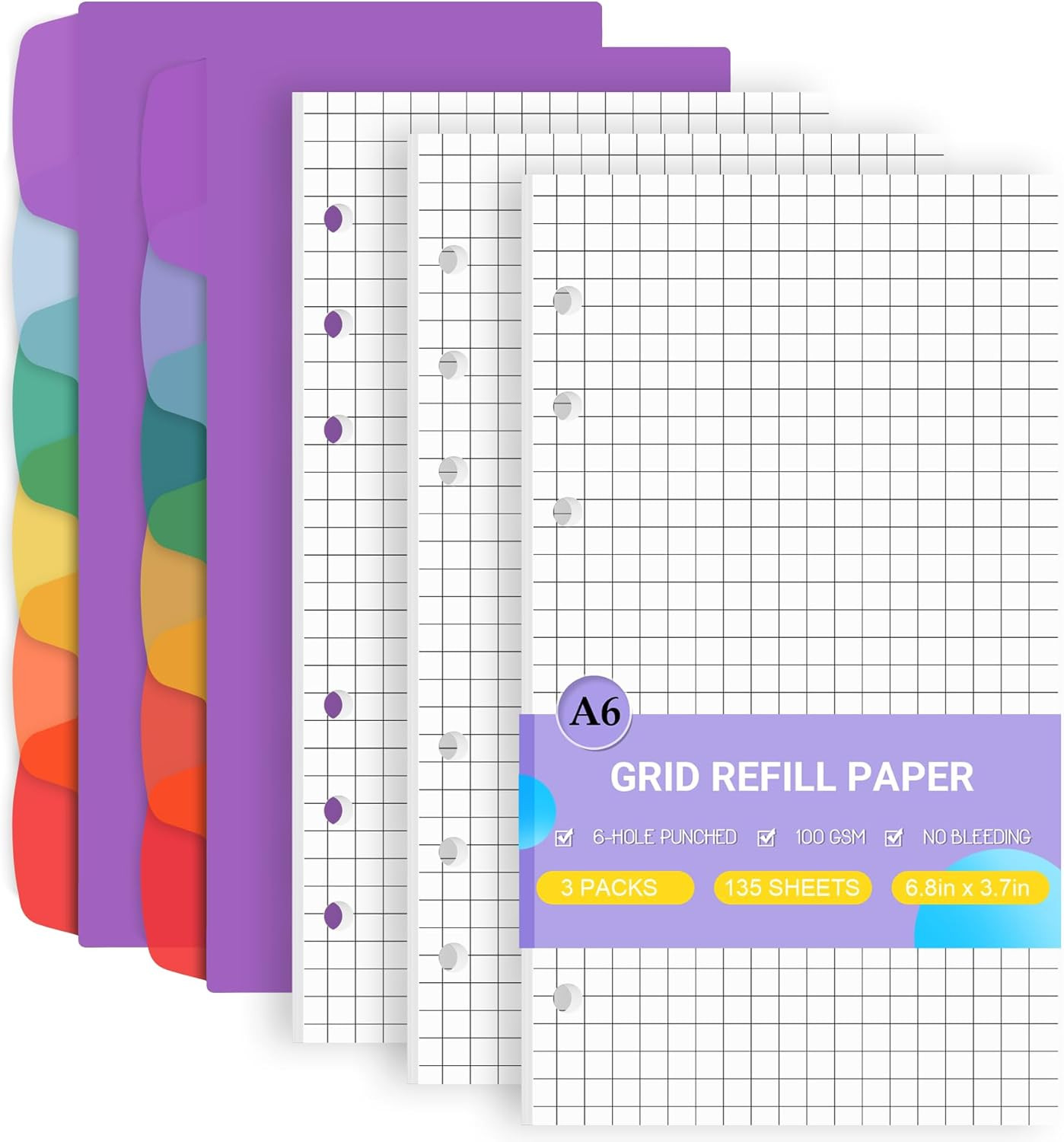 A6 Grid Refill Paper 6-Hole Planner Inserts for A6 6-Ring Refillable Binder, 135