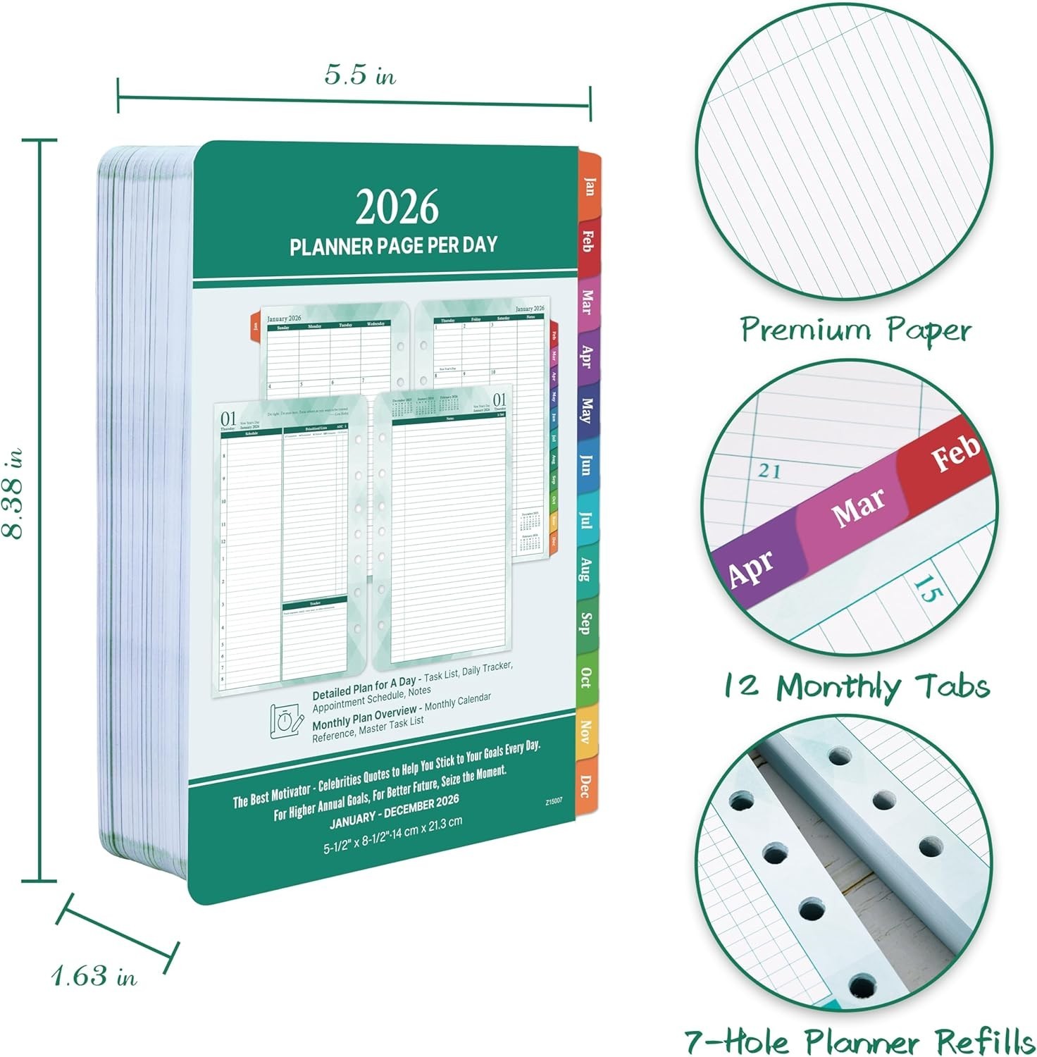 Refillable 2026 Planner – 2 Pages Per Day Organizer with Inspirational Quotes