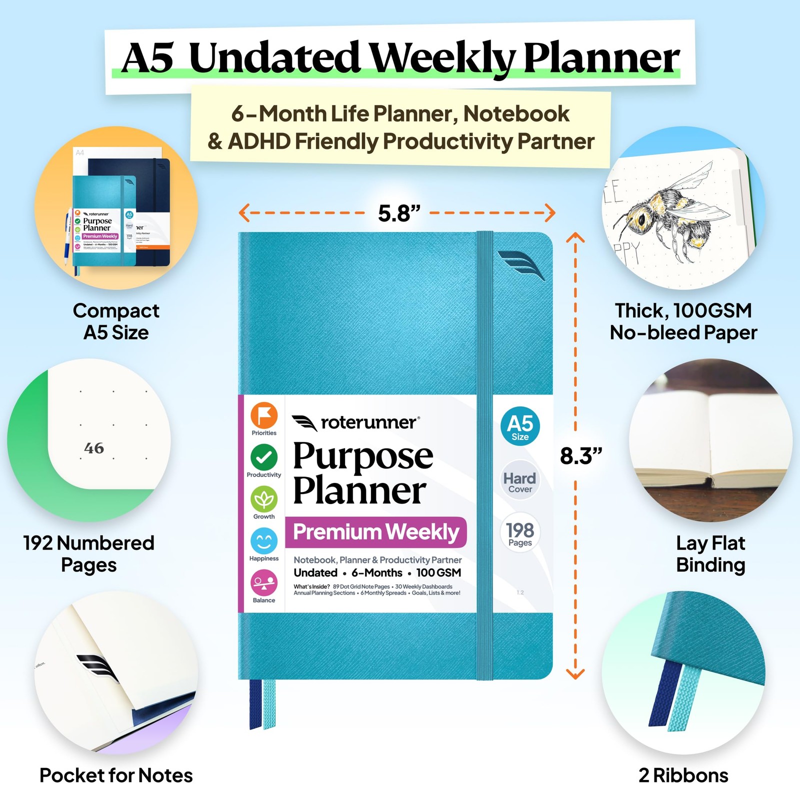 Roterunner Purpose Planner Notebook A5 5.8”x8.3” Undated Hardcover, Teal