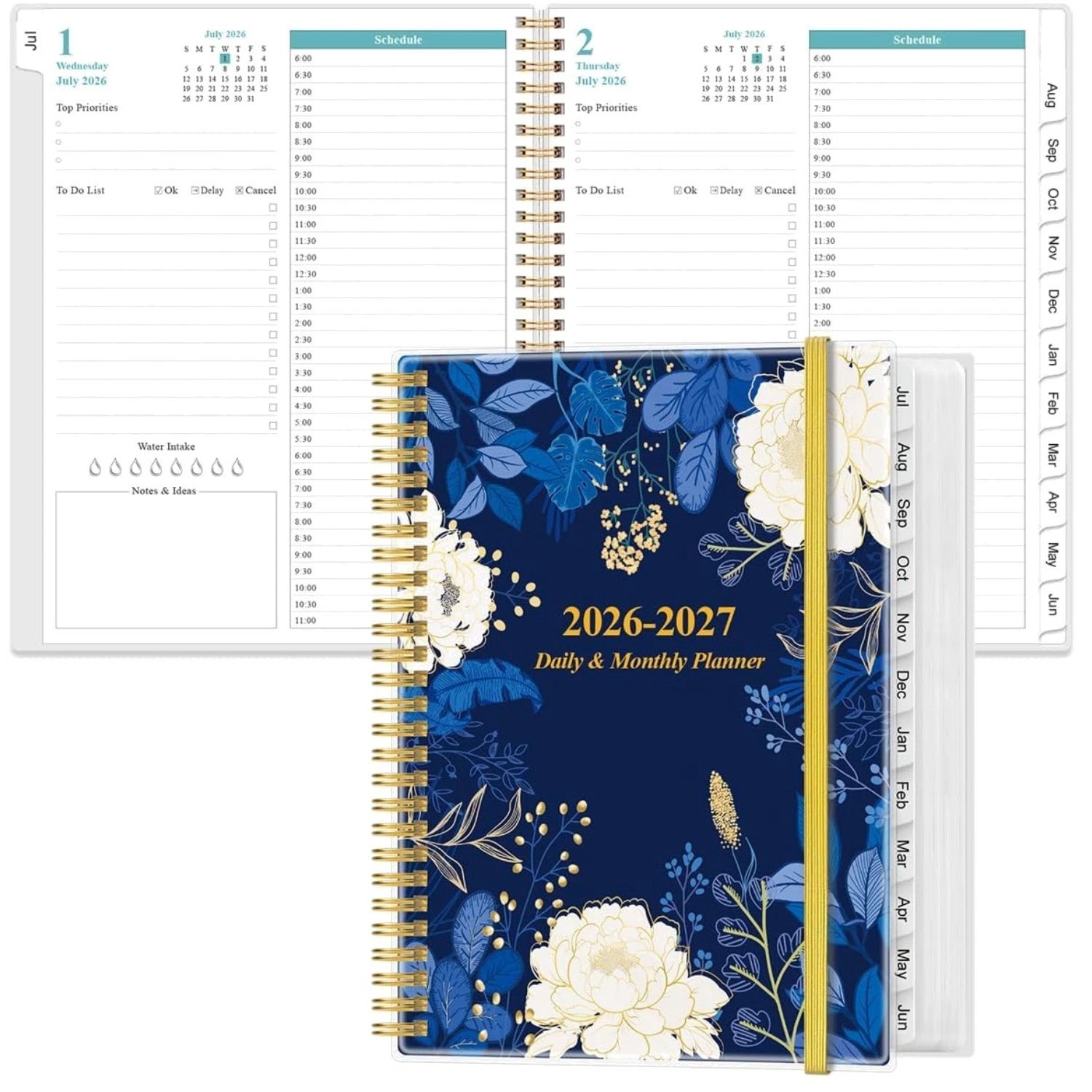 2026-2027 Daily Monthly Planner – Blue Leaf Design