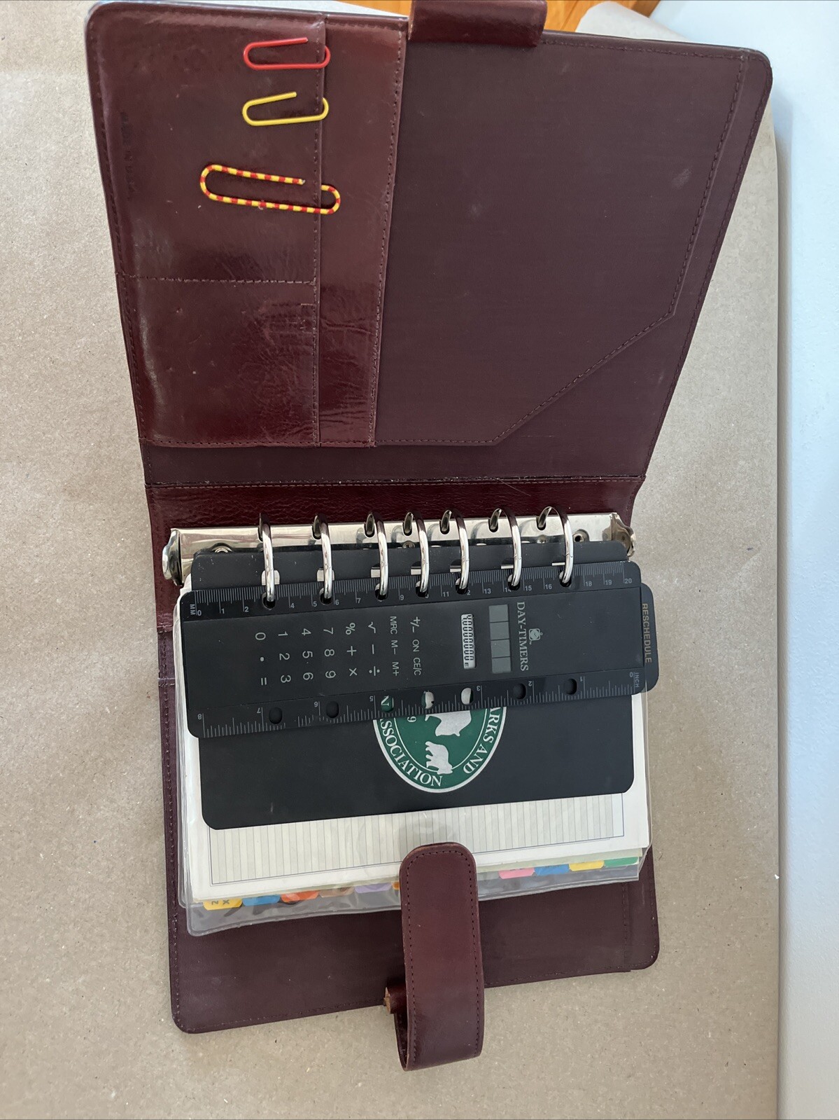 Day-Timer Planner Binder Brown Leather 7 Rings Loose Leaf USA Made 1996 Vintage
