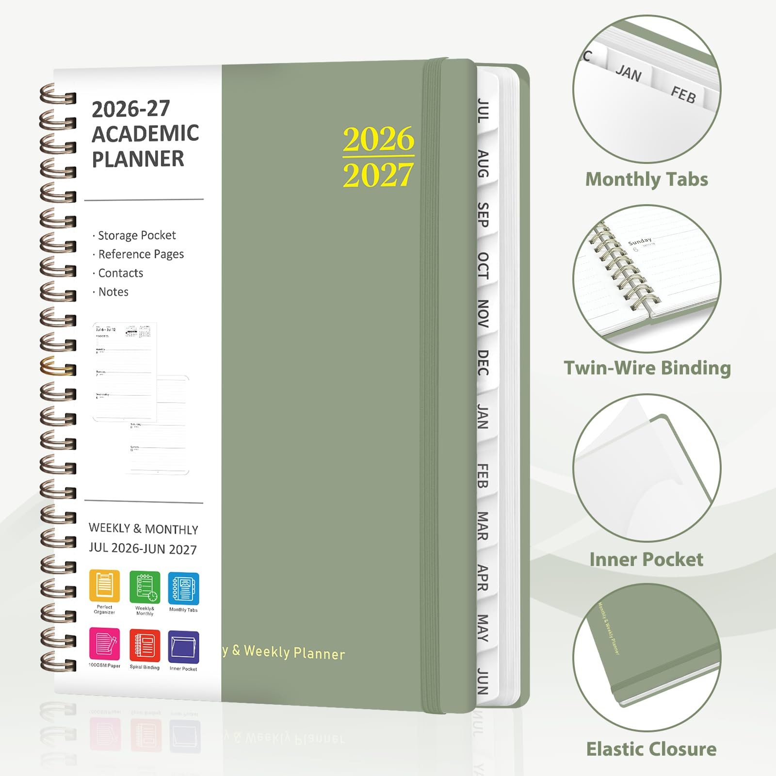 Planner 2026-2027, Academic Weekly and 6.3″x8.5″(Jul 2026-Jun 2027), Green