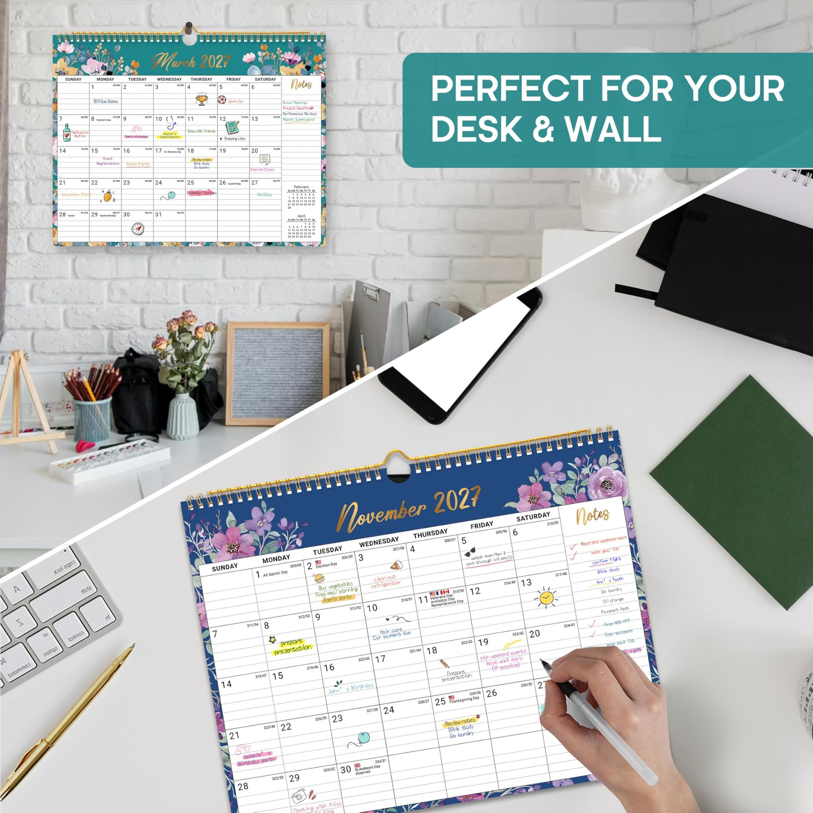 Calendar 2026-2027, Monthly Wall New(Apr 2026–Dec 2027), a-Floral