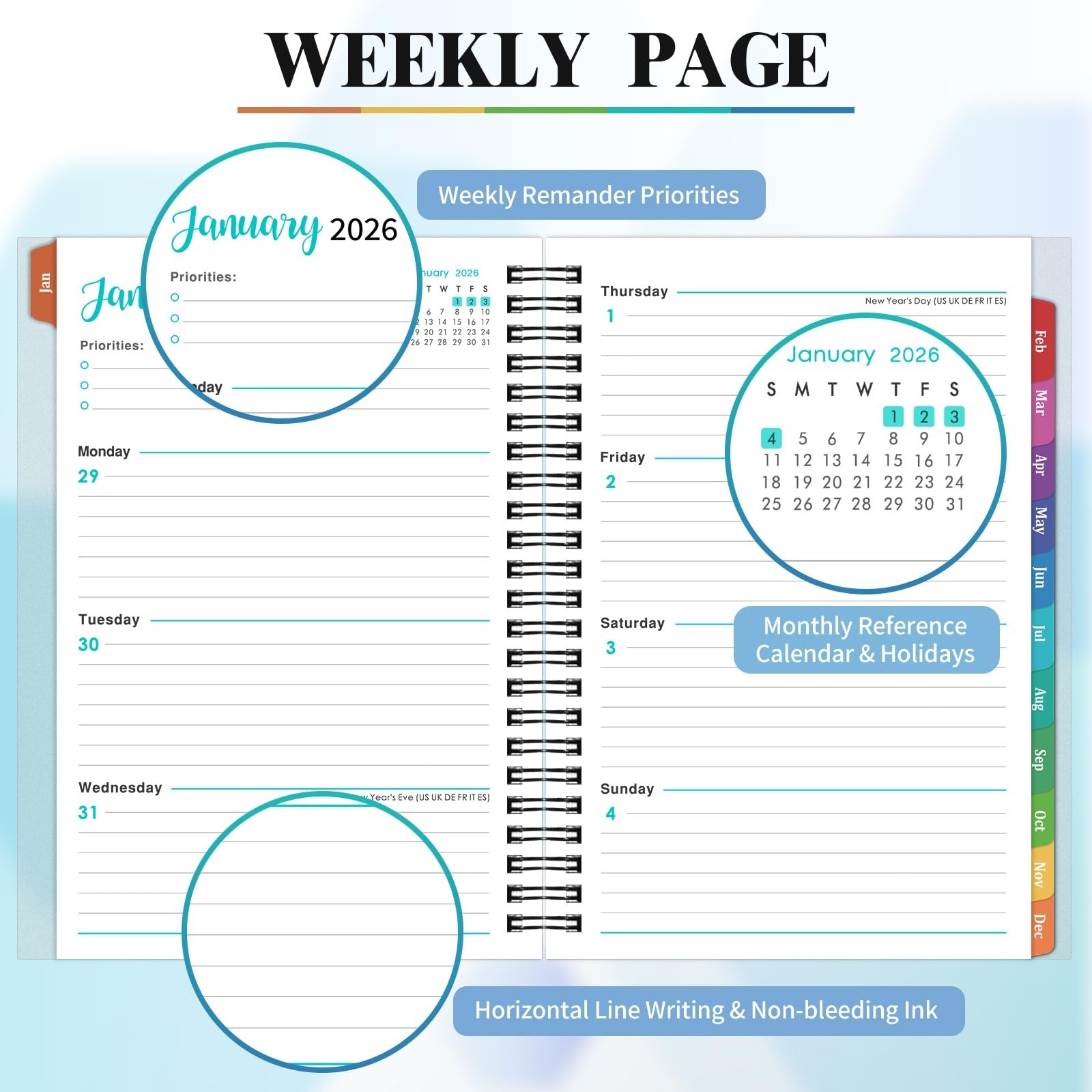 2026 Planner Organizer, Weekly Monthly Layout, 6.4 X 8.5, Tabs, Black