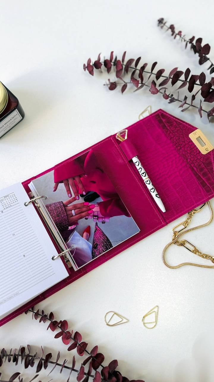 Pink leather notebook cover A7 binde rings mini wallet. Dated planner gift.