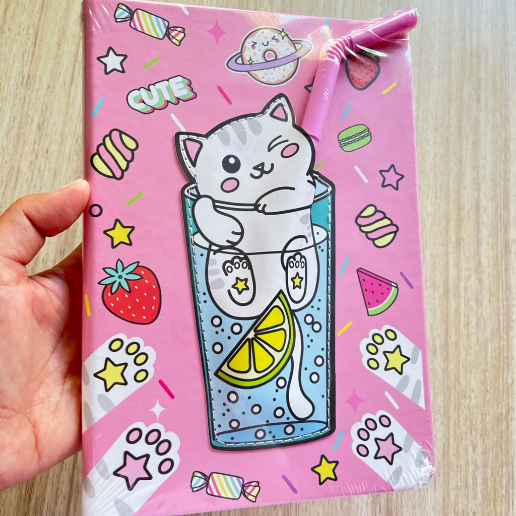 Cute Journal Notebook, Kitty, 5.3 X 7.3″ with Straw Pen NEW!