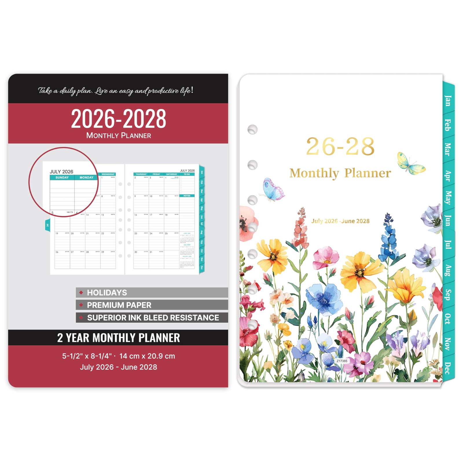 2026-2028 Monthly Planner Refill – 7-Hole Punched, A5 A5, Red and Yellow