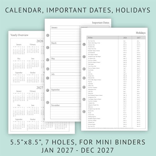 2027 Weekly Monthly Planner Refill 5.5×8.5 Half Letter 7-Hole Mini Binder Jan