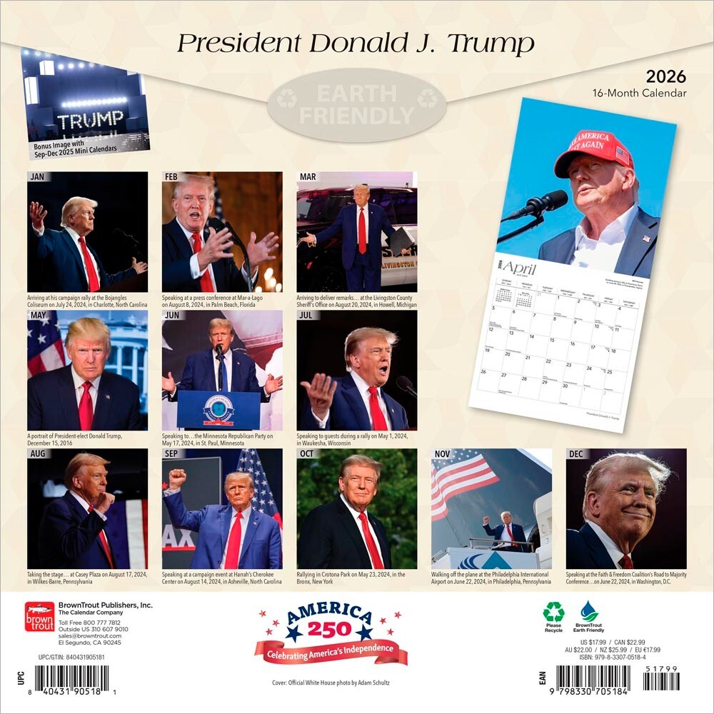 President Donald J. Trump | 2026 12×24″ Square Wall Calendar | Plastic-Free
