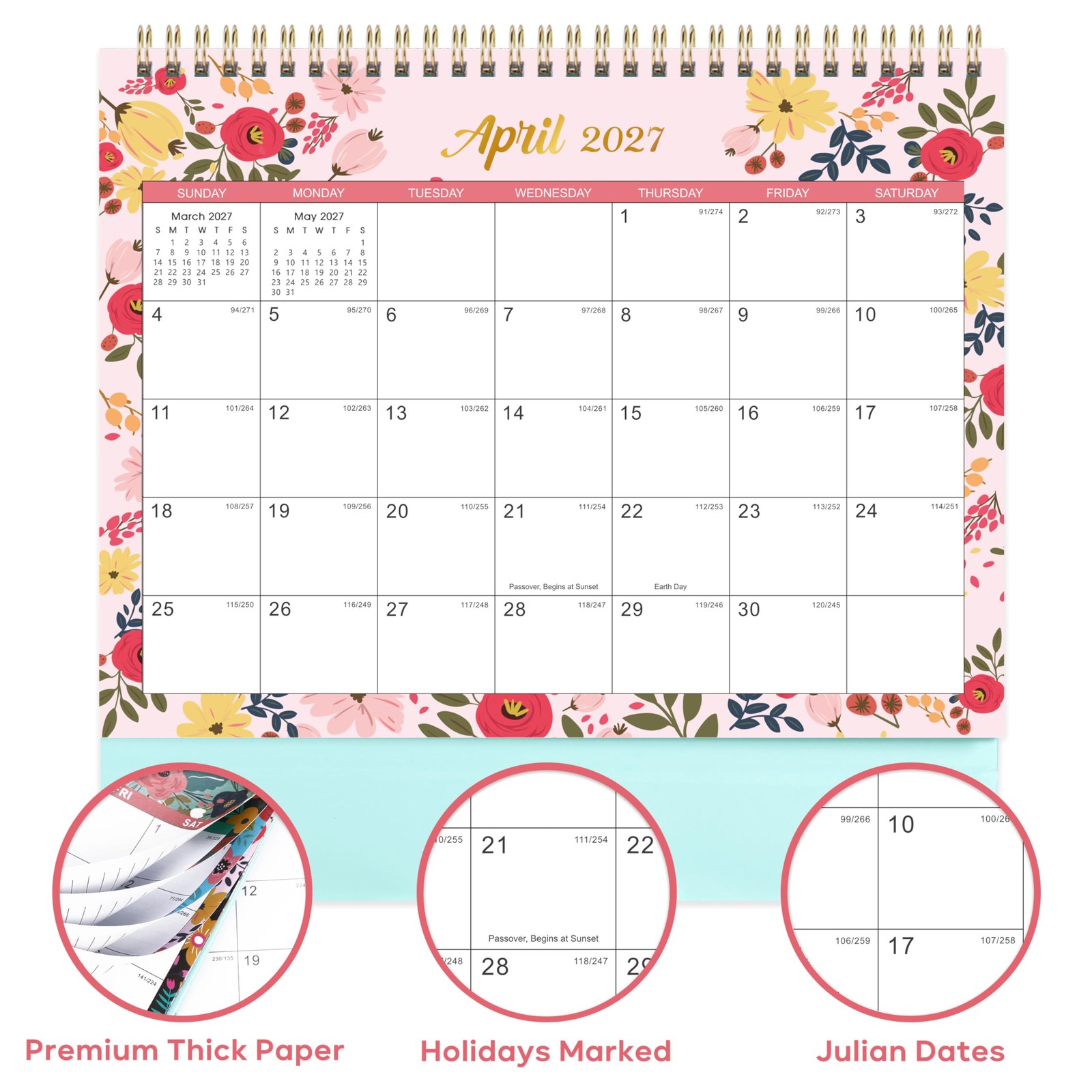 Desk Calendar 2026-2027 – Standing Flip Desktop with green