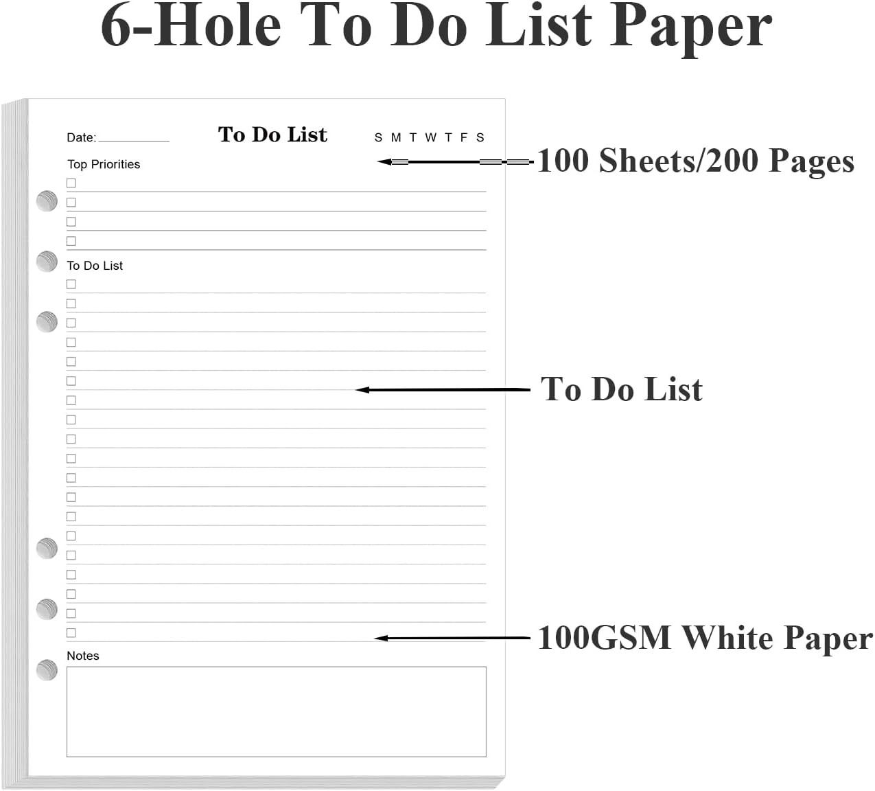 To Do List Inserts for A5 Binder – 6 Hole Punched Daily Planner Refills Paper, 1