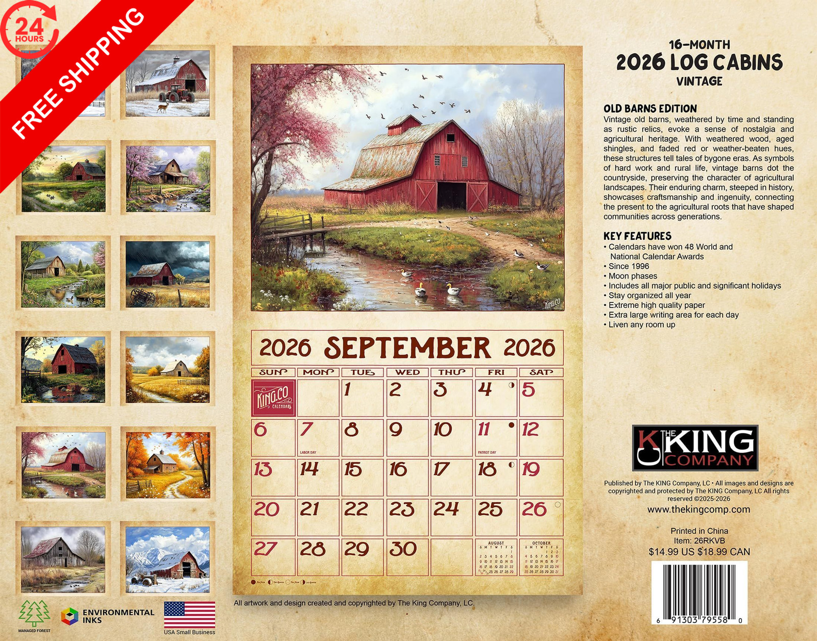 2026 Vintage Old Barns Wall 2026, 2026 Calendar