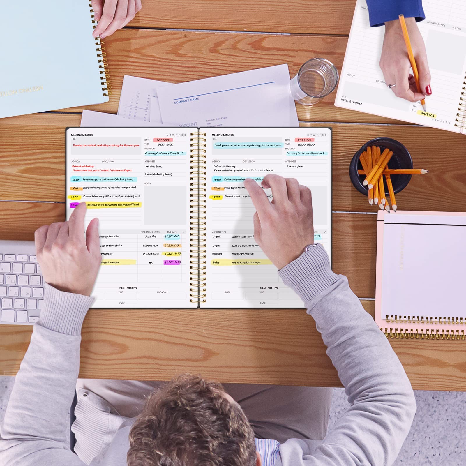 SUNEE Meeting Notebook for Work with Sticky Tabs – 160 Pages, 8.5″x11″, Black