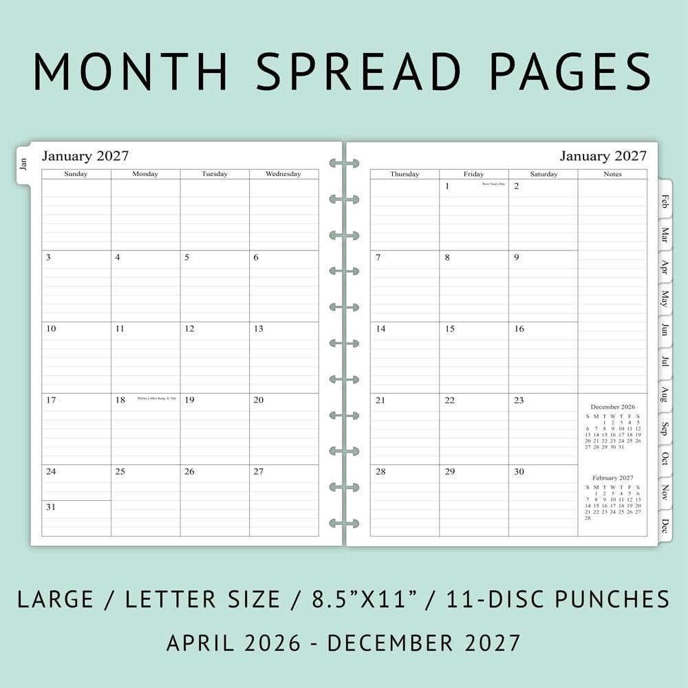 Elegant 2026-2027 Monthly Planner Refill with Ruled Blocks for Easy Planning