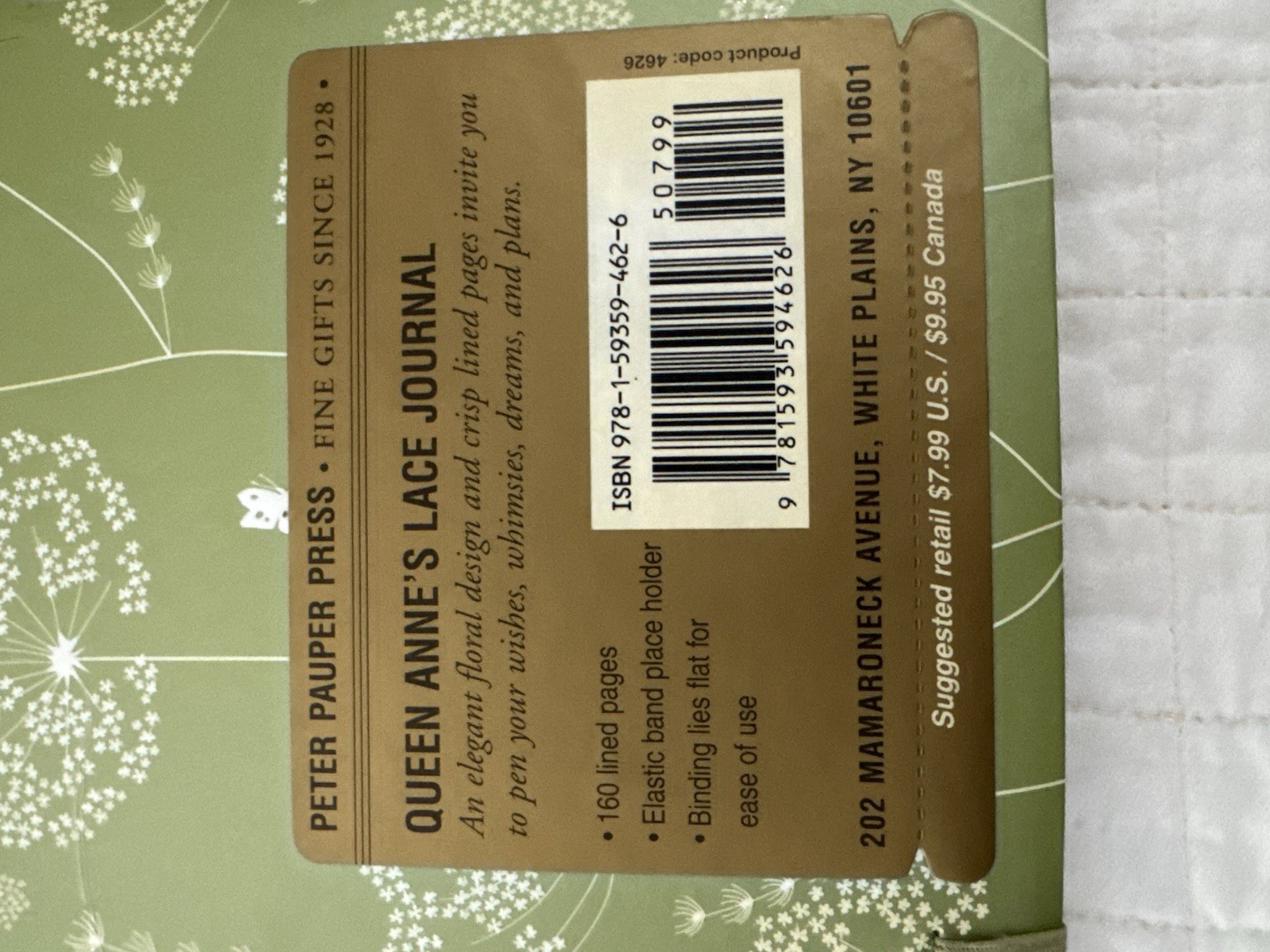 Peter Pauper Press Queen Anne’s Lace Journal Lined Elastic Band Cardboard New