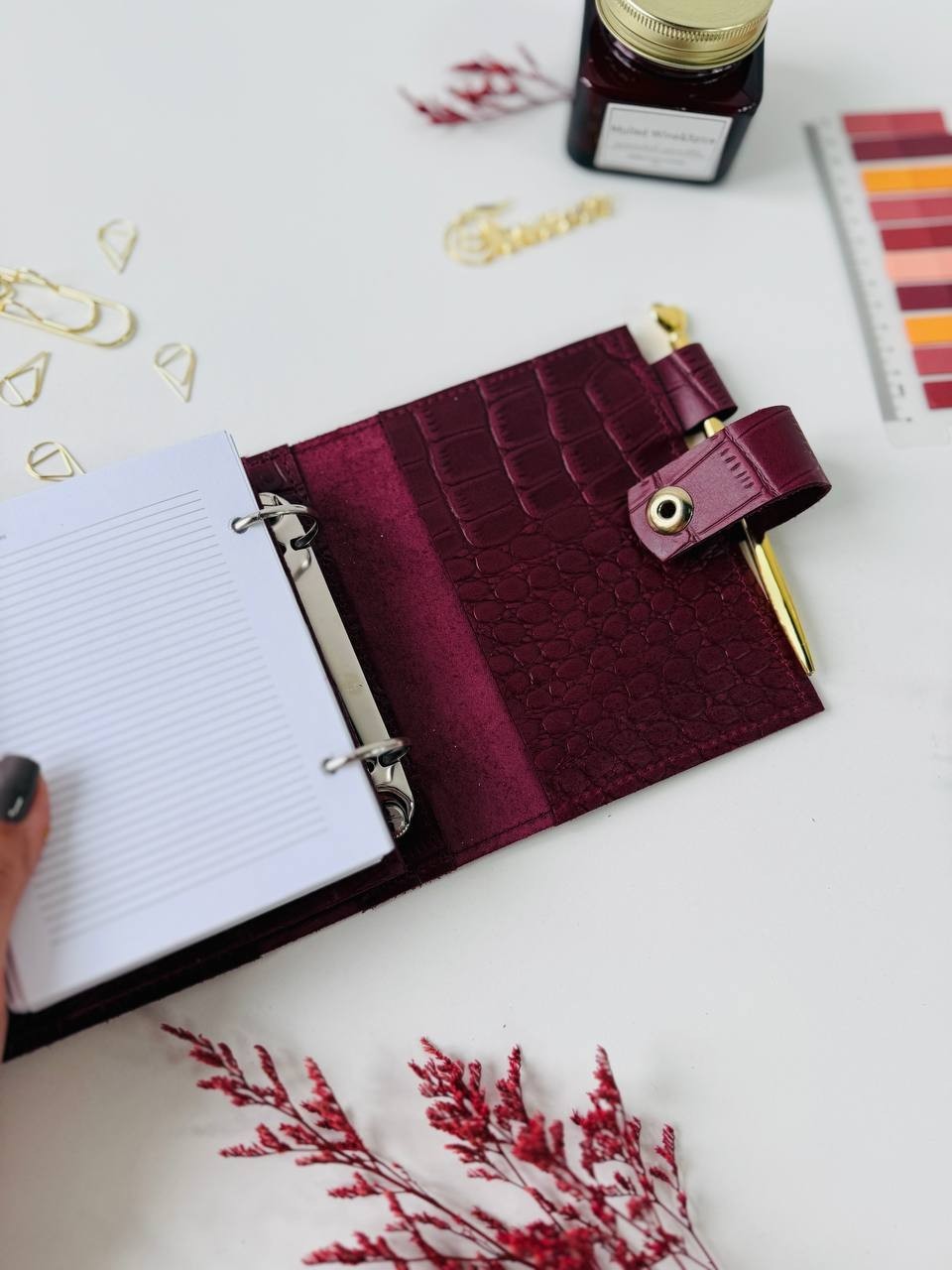 Burgundy leather notebook-wallet cover A7 Big rings mini wallet. Mini Planner.