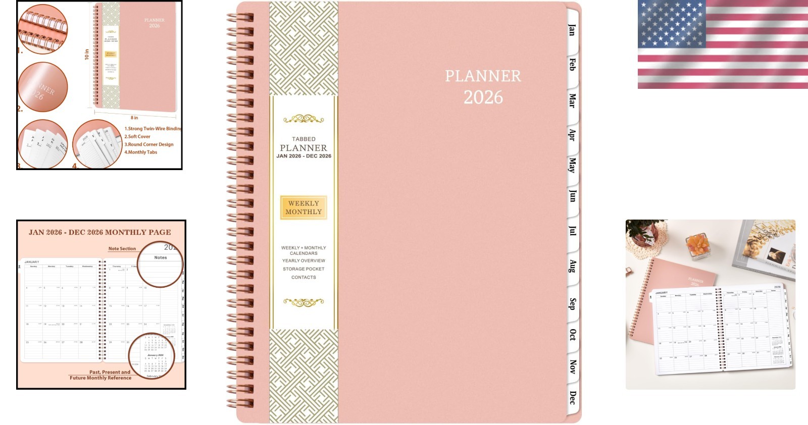 2026 Calendar Planner – Waterproof 8″ x 10″ with Twin-Wire Binding – Rose Gold