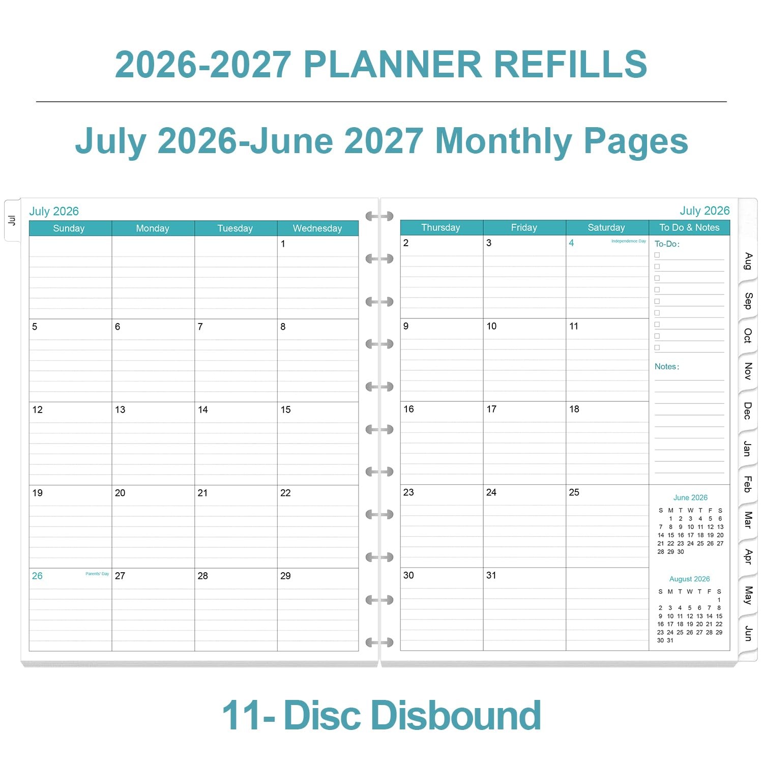 Yaridar 2026-2027 Planner Refills 11-Disc Discbound One Page Per Day Planner