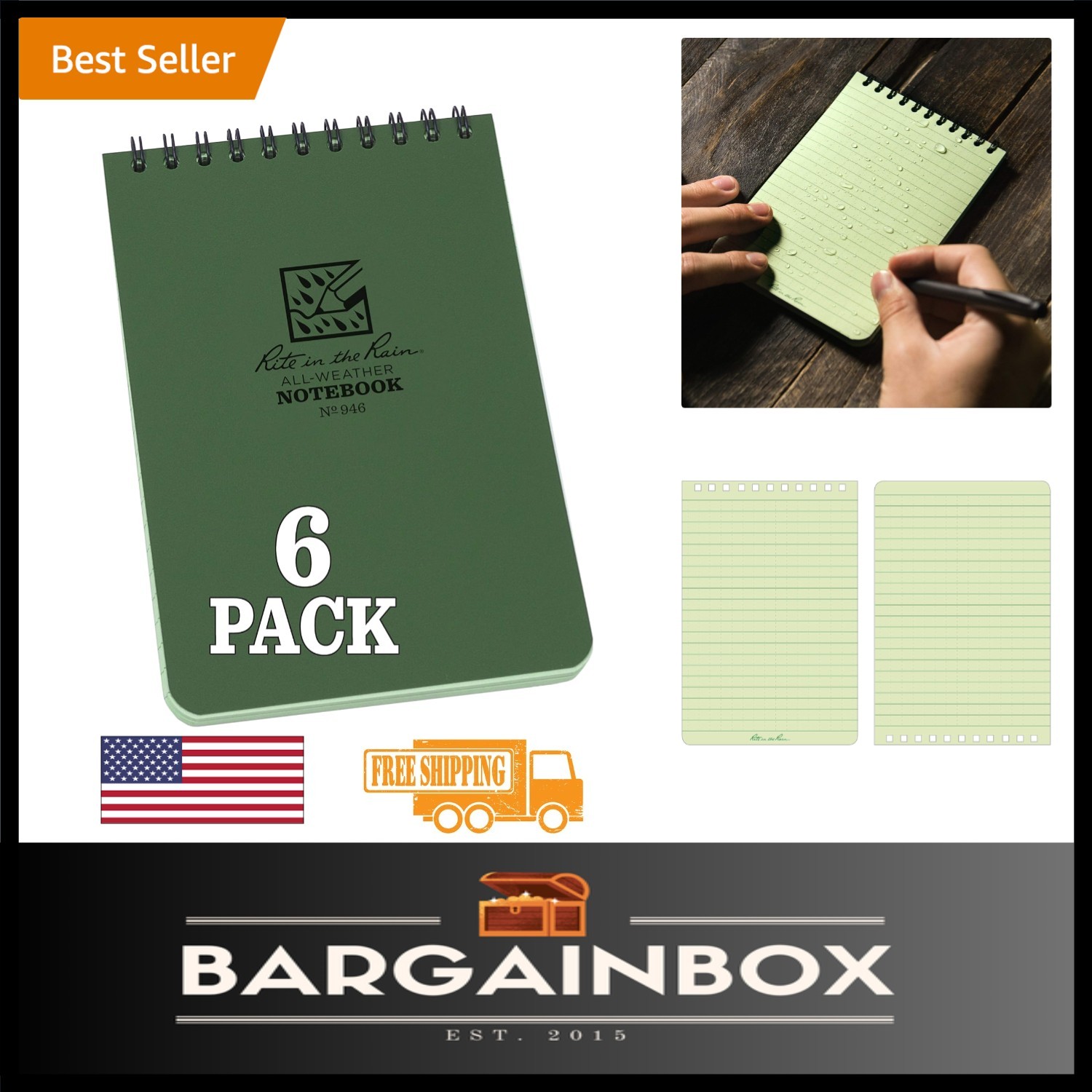 6-Pack Weatherproof Pocket Notebooks 4×6, Green Polydura for Hiking & Field Use
