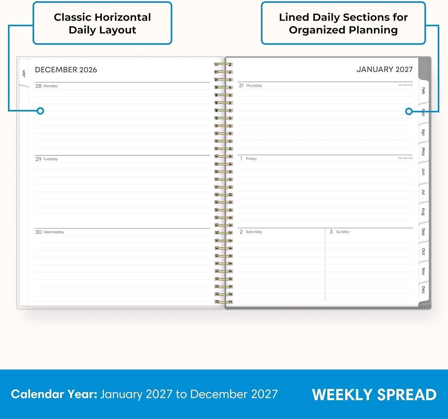 2027 Weekly and Monthly Planner Calendar, January 2027 – December