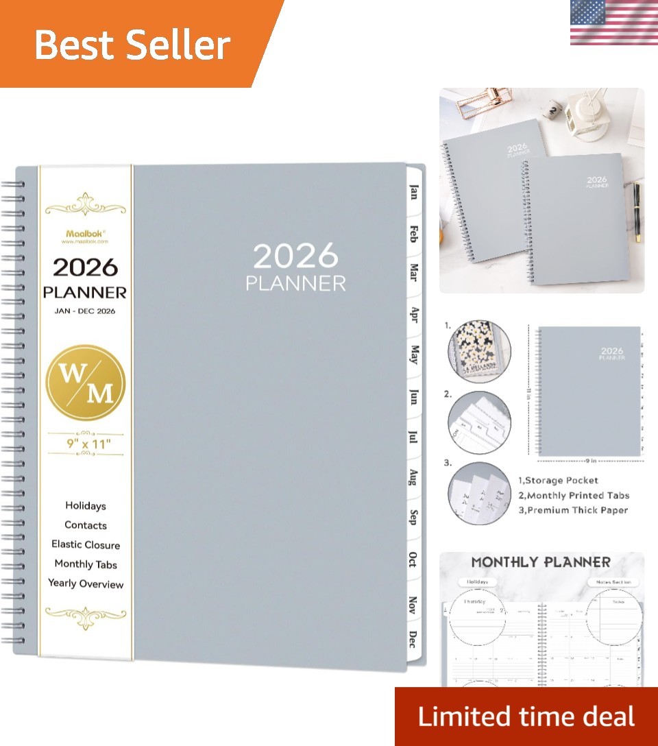Sophisticated 2026 Planner: 9″ x 11″ Ink-Proof Weekly & Monthly Pages with Tabs
