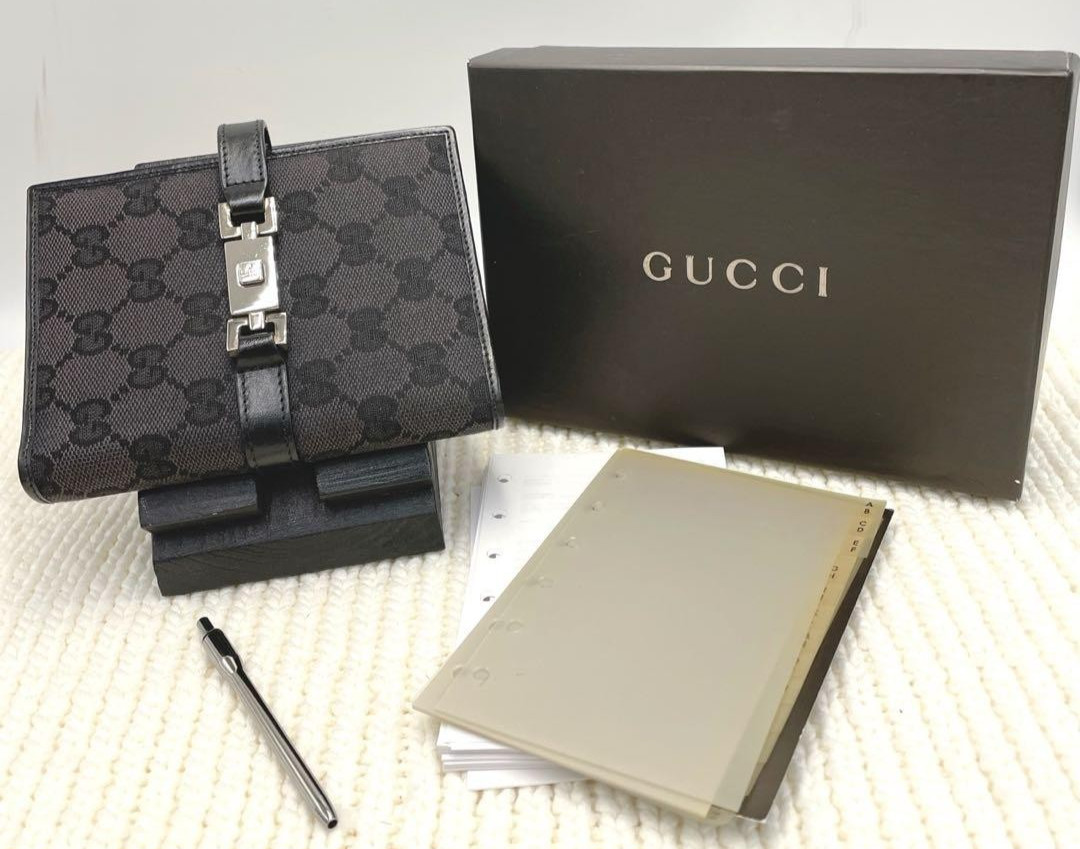 GUCCI Jackie Agenda Planner Notebook Cover GG Canvas Black Silver 6 Ring Japan