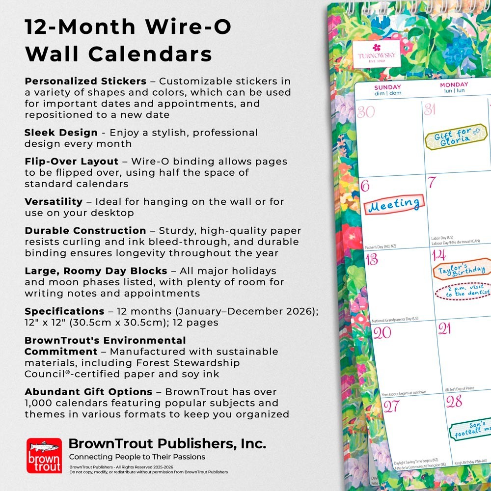 House of Turnowsky OFFICIAL 2026 12×12″ (Hanging) Monthly Square Wire-O Calendar