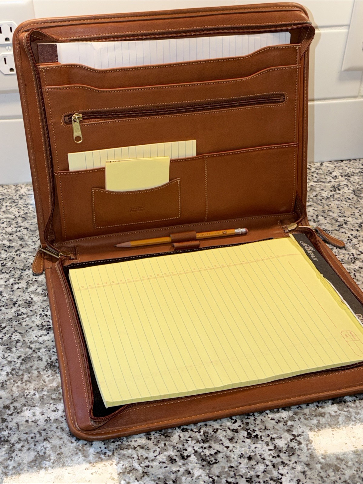 Vintage Coach Brown Leather Zippered Portfolio Organizer Notepad Folio 10×12.5