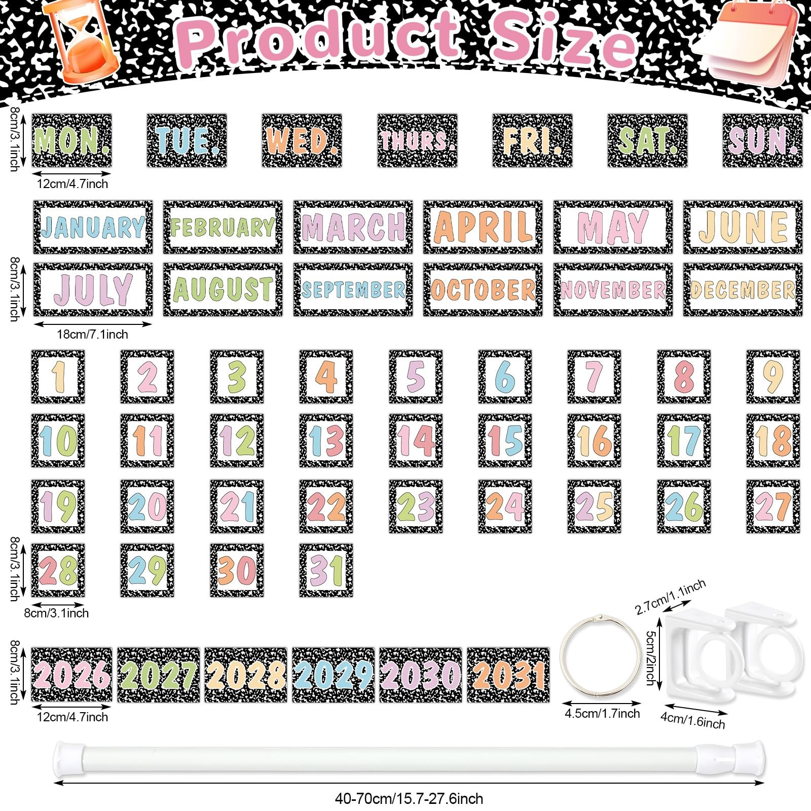 56 Date Cards Composition Notebooks Flip Calendar Adjustable Holder Pastel