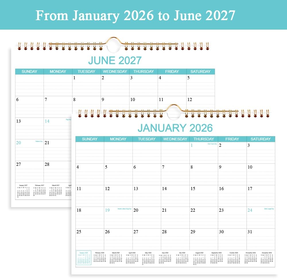 Calendar 2026-2027 – Wall Runs Apr 2026 14.5″ x 11.5″ Teal, Holiday